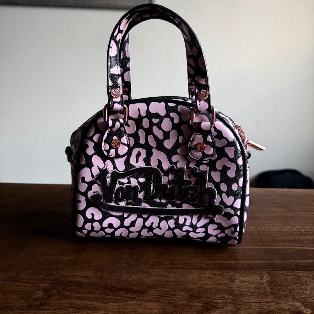 Von Dutch Pink Black Leopard Print Mini Bowling Bag Rose Gold Hardware Y2K